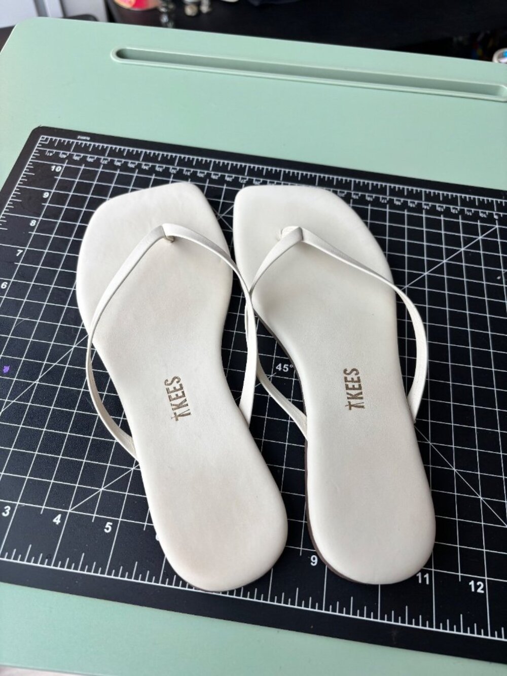 TKEES Square Toe Lily Leather Flip Flop Sandal Cream Off-White | Size 38 / US 7
